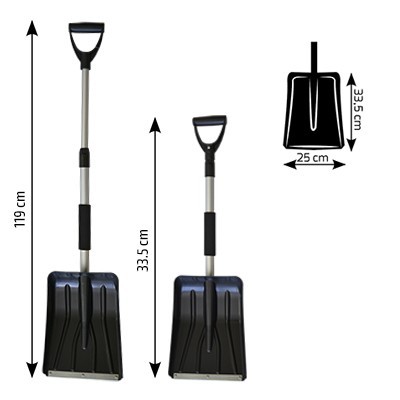Pá de neve preta com cabo em alumínio prateado com medidas indicadas