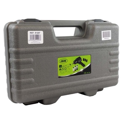 Estojo de ferramenta cinzento com etiquetas e autocolante verde