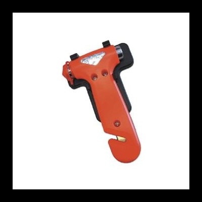 Dispositivo de emergência automóvel laranja com lâmina para corte e martelo para rutura de vidros.