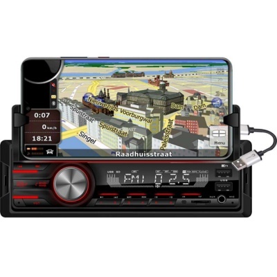 Autorrádio digital preto com smartphone mostrando navegação GPS