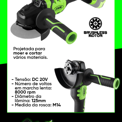 Rebarbadora elétrica preta e verde com informações técnicas em português e acessórios