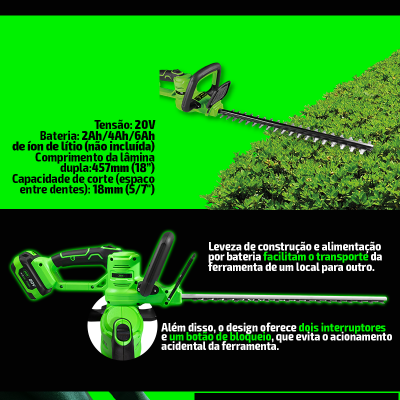Tesoura elétrica para jardinagem verde e preto com lâmina longa de aço e texto informativo em português.