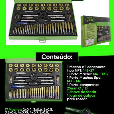 Conjunto de ferramentas de 58 peças numa caixa plástica verde com várias peças organizadas e texto descritivo em português