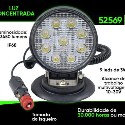 Foco de luz redondo com 9 LEDs, cabo e tomada de isqueiro vermelha, com especificações técnicas destacadas