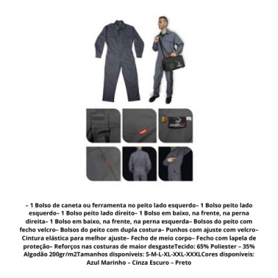 Macacão de trabalho cinzento escuro e preto com várias bolsas e cinto elástico