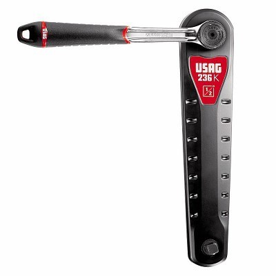 Manivela de bicicleta preta com punho vermelho e etiqueta USAG 236 K