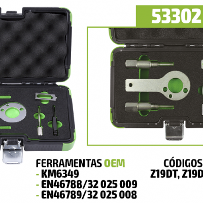 Conjunto de ferramentas OEM em estojo preto para motor, com texto e códigos