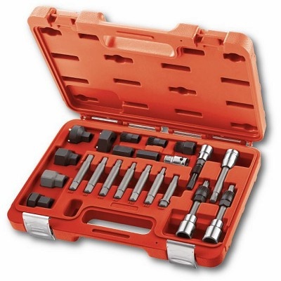 Estojo aberto laranja com conjunto de ferramentas metálicas variadas