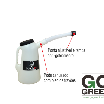 Recipiente plástico branco com pega, bico ajustável e tampa, rótulo DURA-FI, fundo branco