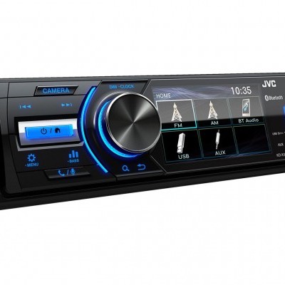 Leitor rádio carro JVC com visor digital colorido e botões iluminados azuis