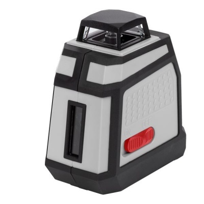 Dispositivo eletrônico de nivelamento laser cinzento com preto e vermelho, painel texturizado e interruptor deslizante