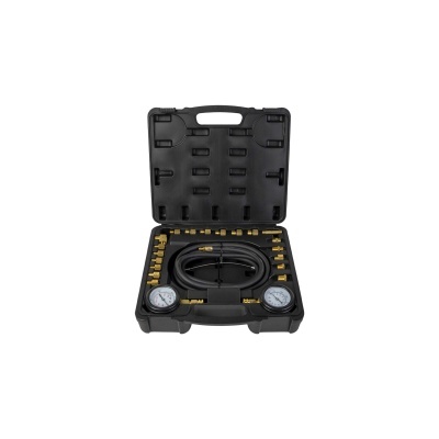 Conjunto de ferramentas de teste de pressão com mangueira e manómetros num estojo preto