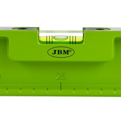 Nível de bolha verde com bolha de medição e texto JBM