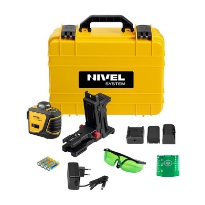 Conjunto de ferramentas de nivelamento com estojo amarelo, laser preto e amarelo, suporte, acessórios, pilhas, adaptador, óculos verdes e cartão de mira.