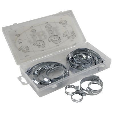 Conjunto de braçadeiras metálicas ajustáveis dentro de estojo de plástico transparente