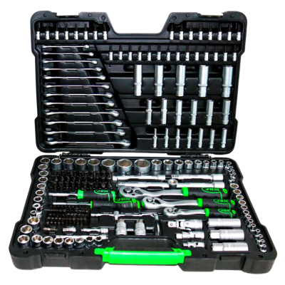 Estojo preto de ferramentas com peças metálicas e detalhes verdes