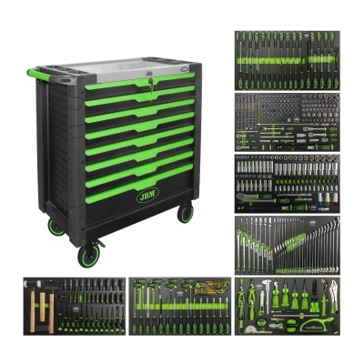 Carrinho de ferramentas preto e verde com várias ferramentas organizadas