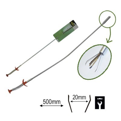 Ferramentas metálicas finas com alças vermelhas e ganchos na ponta, com etiqueta verde