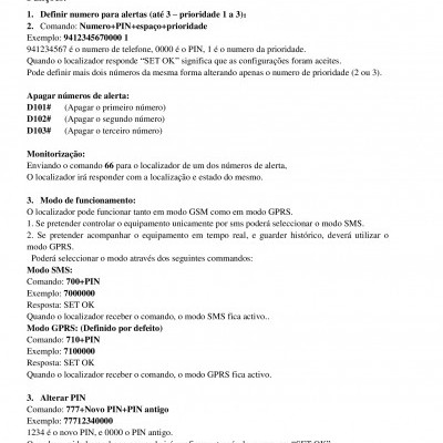 Página de manual técnico com instruções e exemplos de comandos para configuração de localizador GPS
