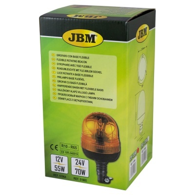 Caixa do girofarol JBM com voltagem e potência indicadas, cor verde e preta