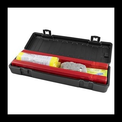 Estojo preto aberto com base vermelha e rolos de plástico dentro