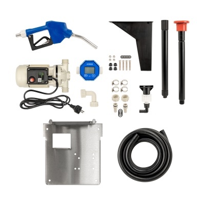 Conjunto de peças para sistema de abastecimento com pistola azul, motor elétrico, medidor digital e diversos acessórios
