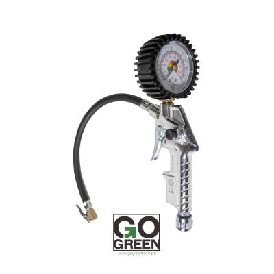 Manómetro de pressão de pneus com mostrador circular e tubo preto