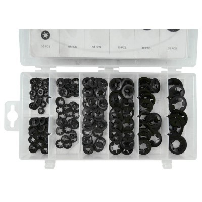 estojo plástico com várias anilhas de fixação pretas organizadas por tamanho