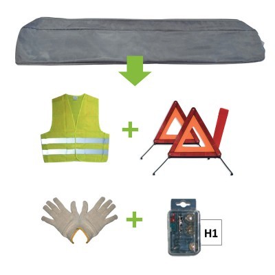 Conjunto com mochila cinza, colete amarelo refletor, triângulos de sinalização, luvas bege e kit H1