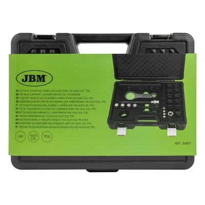 Mala de ferramentas preta com etiqueta verde da marca JBM e texto informativo.