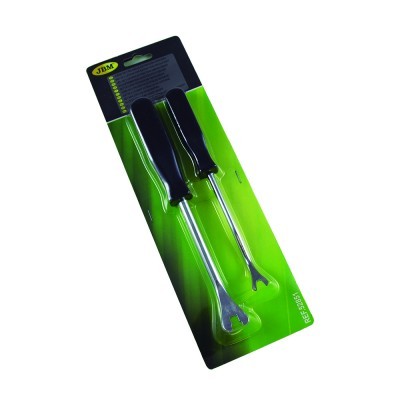 Conjunto de duas ferramentas com punhos pretos e garfo metálico em embalagem verde e preto