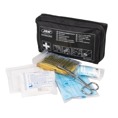 Kit de primeiros socorros JBM com vários elementos de primeiros socorros expostos