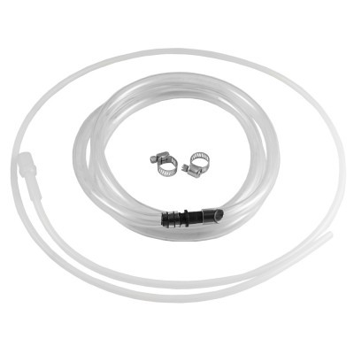 Mangueira transparente com adaptador preto e duas braçadeiras metálicas