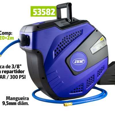 Bobina de mangueira retrátil azul e preta JBM com mangueira azul e suporte de parede