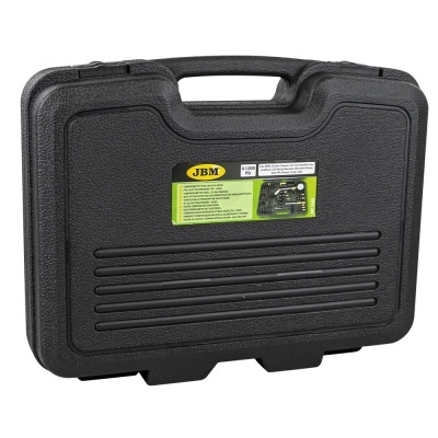 Mala preta de plástico para ferramentas com logotipo JBM e texto informativo