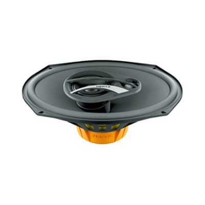 Coluna de som oval preta com marca Hertz e base laranja