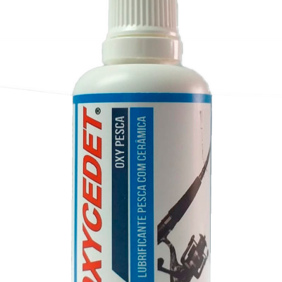 Garrafa de lubrificante para pesca OXYCEDET com rótulo azul e branco
