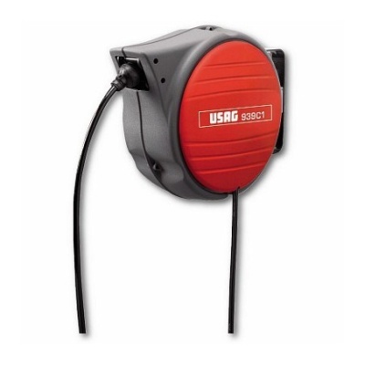 Bobina de fio retrátil USAG 939 C1 com corpo plástico cinzento e tampa vermelha