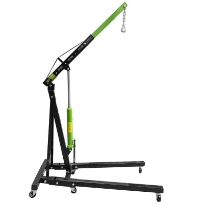 Grua de oficina metálica preta e verde com rodas e gancho