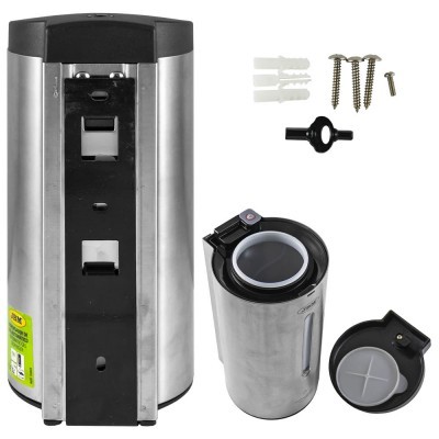 Conjunto de recipiente cilíndrico metálico com tampa preta e acessórios para montagem