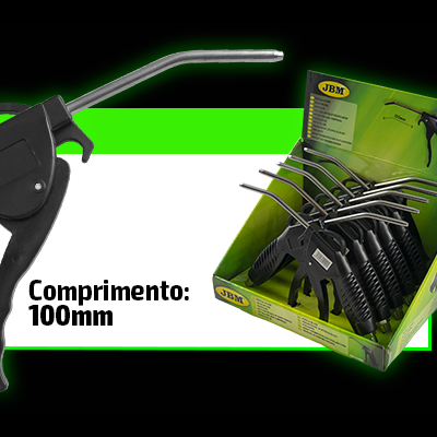 Pistola de limpeza preta com caixa verde e exposição com 10 unidades.