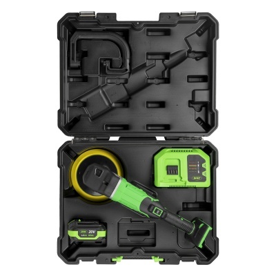 Conjunto de ferramenta elétrica numa caixa preta com esmerilhadora verde e bateria