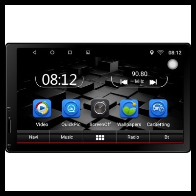 Ecrã tátil preto de sistema multimédia para carro mostrando interface com várias funções.