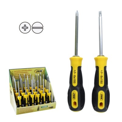 Conjunto de chaves de fendas com cabos amarelos e pretos apresentadas numa caixa