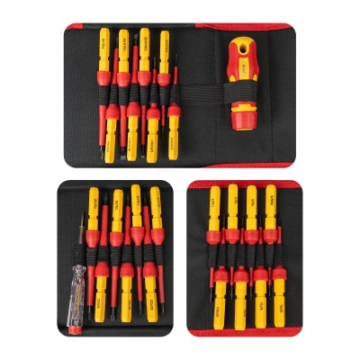 Conjunto de chaves de fendas isoladas em bolsa preta e vermelha