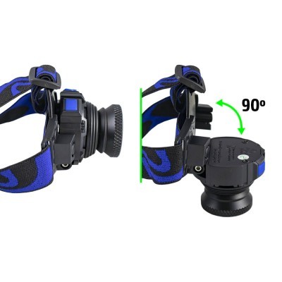 Suporte de cabeça ajustável com fita elástica azul e preta e componente plástico rotativo