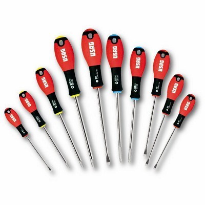 Conjunto de dez chaves de fendas com cabos vermelhos e pretos da marca USAG