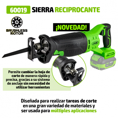 Serra recíproca preta e verde com bateria verde, texto promocional e descrição funcional no fundo branco