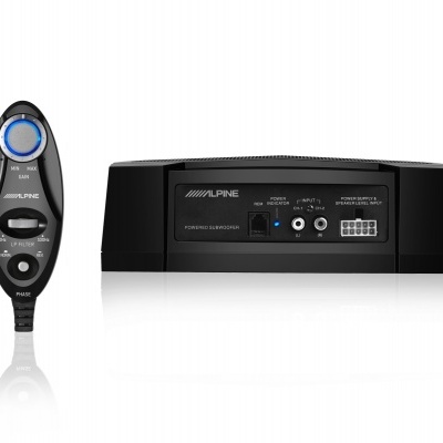 Conjunto de amplificador preto Alpine com controlo remoto preto e azul