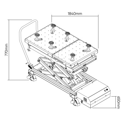 Desenho técnico de plataforma elevatória metálica com dimensões e estrutura articulada